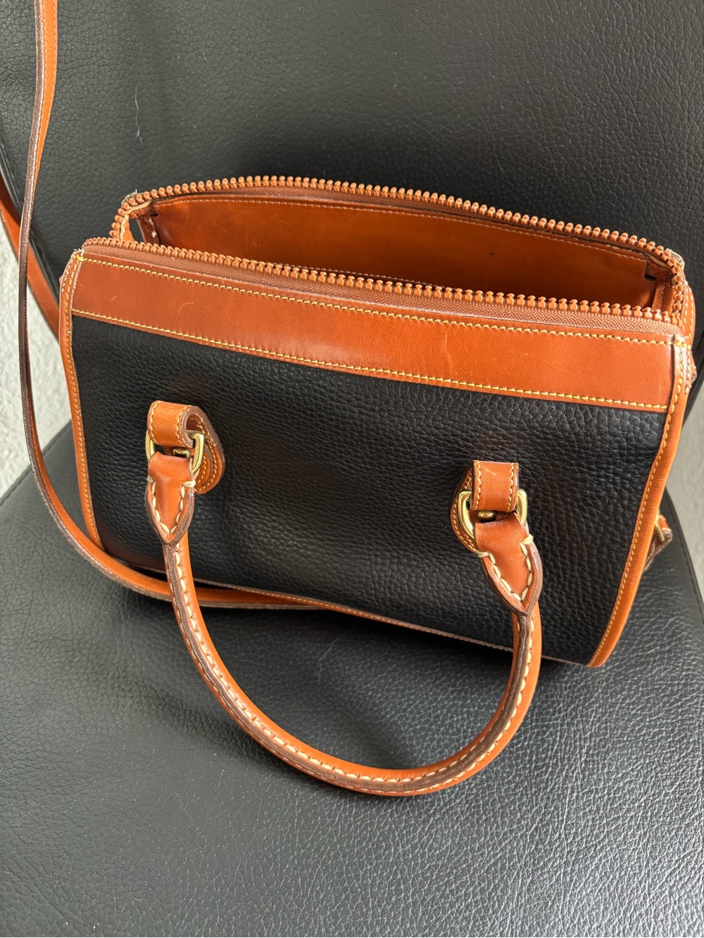 Dooney & Bourke Black with Brown Trim Pebbled Leather Satchel - Picture 8 of 13